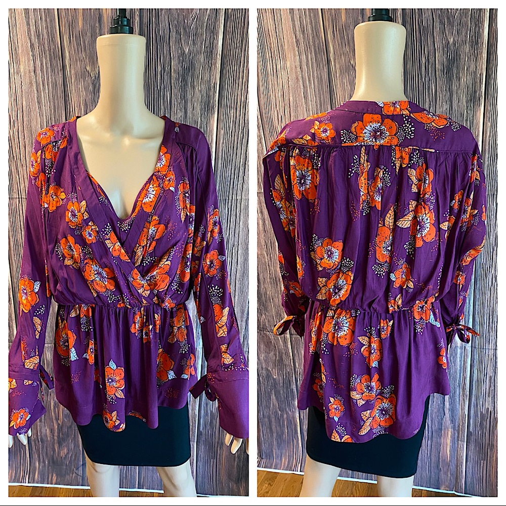 Free People purple orange floral tropical boho print pattern flowy blouse